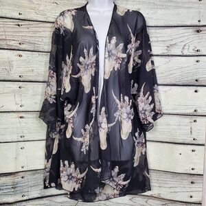 Adora Black Beige Floral Kimono Large Sheer Open Front Boho Duster USA